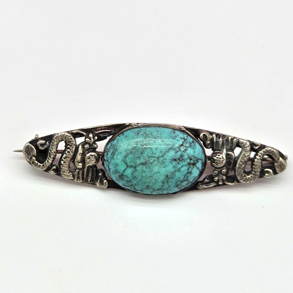 Antique Elegant Sterling Silver Brooch with Turquoise Accent Signed CHG Dragons